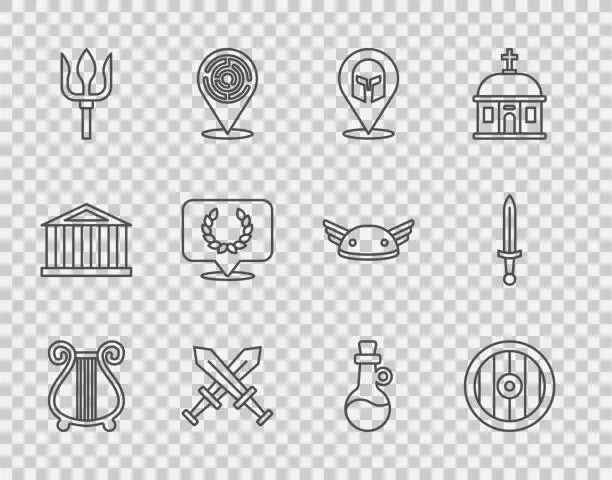 Vector illustration of Set line Ancient lyre, Greek shield, helmet, Crossed medieval sword, Neptune Trident, Laurel wreath, Bottle of olive oil and Medieval icon. Vector