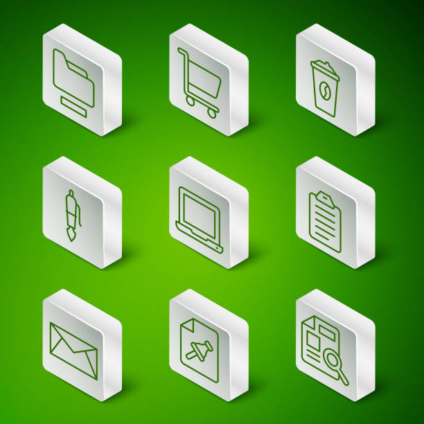 einstellungslinie dokument mit diagrammdiagramm, notizpapier-drucktaste, ordner, laptop, füllfederhalterspitze, warenkorb, post und e-mail und aufgabenliste oder planungssymbol. vektor - push button keypad symbol technology stock-grafiken, -clipart, -cartoons und -symbole