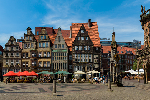 Marktplatz or market square in the historical centre of the medieval Hanseatic City of Bremen, Germany Jily 15, 2021
