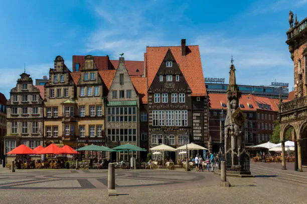 Photo of Marktplatz or market square in the historical centre of the medieval Hanseatic City of Bremen, Germany Jily 15, 2021