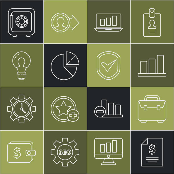 istock Set line Contract money, Briefcase, Pie chart infographic, Laptop with, Light bulb concept of idea, Safe and Shield check mark icon. Vector 1359014541