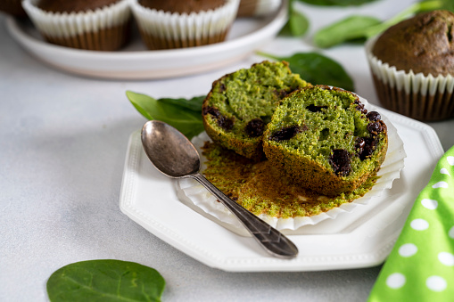 Spinach muffins. Healthy, vegan freshly baked green muffin