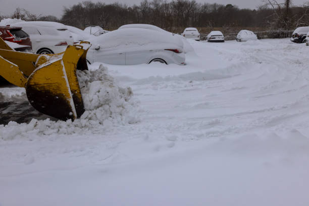 municipal service removing snow on parking lot for car after snowfall - snowplow snow parking lot pick up truck imagens e fotografias de stock