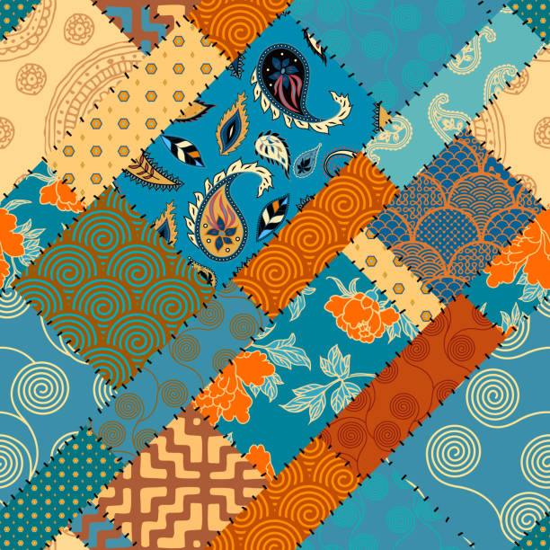 ilustrações, clipart, desenhos animados e ícones de padrão têxtil patchwork. fundo de design de acolchoamento sem emendas. - quilt paisley backgrounds textile