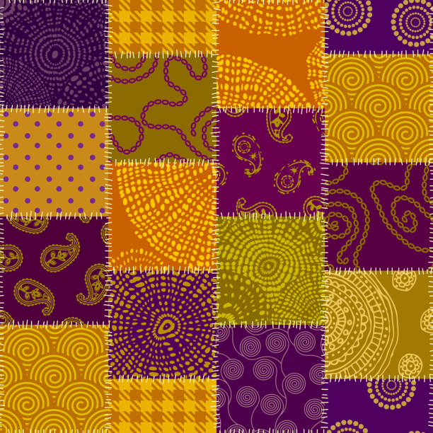 ilustraciones, imágenes clip art, dibujos animados e iconos de stock de patrón textil patchwork. fondo de diseño de acolchado sin costuras. - quilt patchwork pattern indian culture