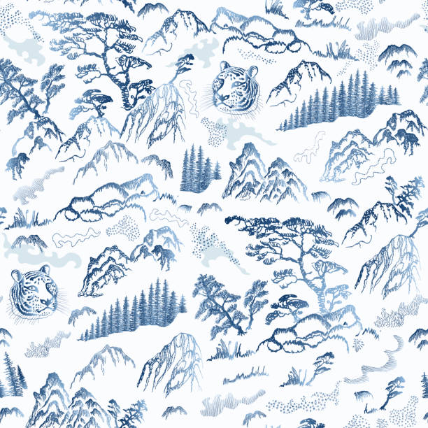 niebieski bezszwowy wzór ręcznie rysowanych szkiców w japońskiej i chińskiej tradycji ilustracyjnej. natura, góra, jodła, sosna, głowa tygrysa, rzeka, zioła, skała na białym tle - landscape mountain china blue stock illustrations