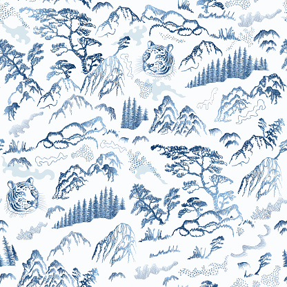 Blue colored seamless pattern of hand drawn sketches in Japanese and Chinese illustration tradition. Nature, mountain, fir, pine tree, tiger head, river, herbs, rock on a white background
