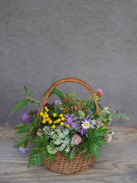 istock Bouquet with medicinal plants in the basket, vertical image, copy space. Various therapeutic herbs and flowers for use in alternative medicine and cosmetology. 1359018356