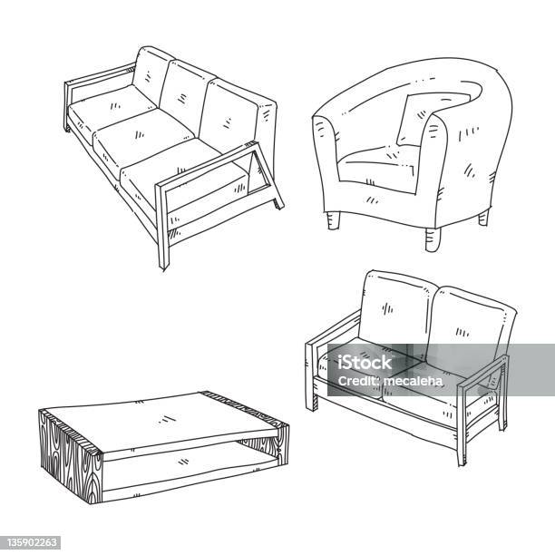 Furniture Sketched Stock Illustration - Download Image Now - Sofa, Black And White, Chair