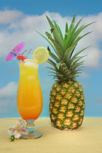 istock Pineapple, Tropical Drink and Fruit on Sand With Sky 1359022810