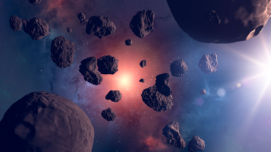Asteroid and debris in the space. Asteroid rings around a planet. Big star in the background. 3d render