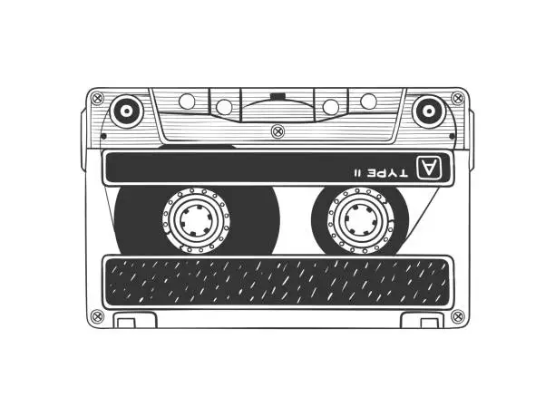 Vector illustration of Audio cassette. Textured Compact Cassette. Hand drawn audio cassette. Sketch style. Vector illustration