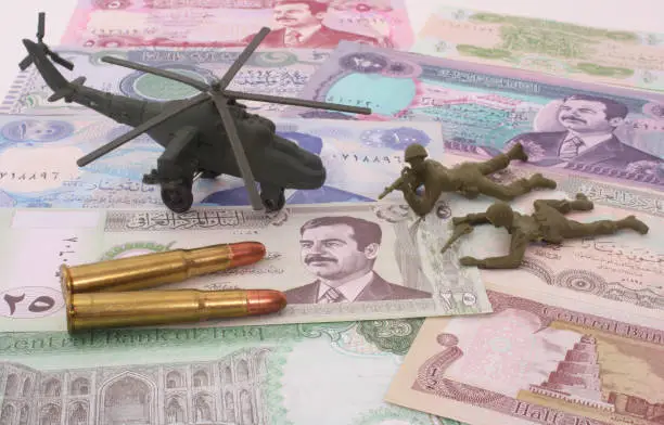 Currency From Iraq with Bullets and Plastic Soldiers War Concept