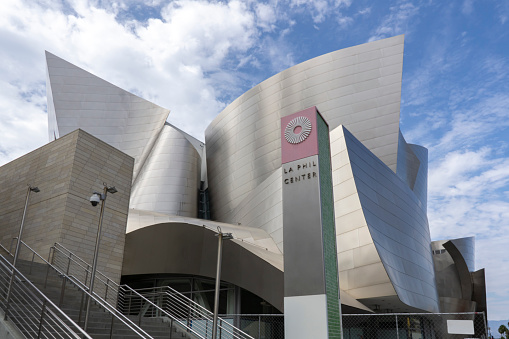 Los Angeles, USA - 10 August 2021: La Phil Center, Walt Disney Concert Hall in Los Angeles. Building with round shapes and sharp edges