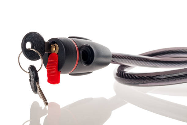 istock Bicycle lock with key locking mechanism, theft protection, isolated on a white 1359027000
