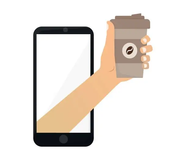 Vector illustration of Coffee fast delivery, using smartphone app to order. Hand holding coffee mug coming out of phone screen. editable vector