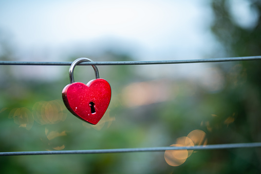 17. 07. 2023 Colmar, Alsace, France,R ed Padlocks in the shape of hearts in the little Venice