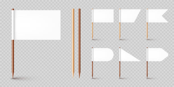 Realistic various toothpick flags. Wooden toothpicks with white paper flag. Location mark, map pointer. Blank mockup for advertising and promotions. Vector illustration Realistic various toothpick flags. Wooden toothpicks with white paper flag. Location mark, map pointer. Blank mockup for advertising and promotions. Vector illustration. flagpole stock illustrations