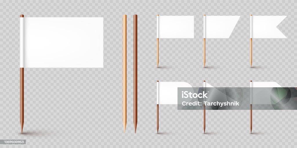 Realistic various toothpick flags. Wooden toothpicks with white paper flag. Location mark, map pointer. Blank mockup for advertising and promotions. Vector illustration - 免版稅旗幟圖庫向量圖形