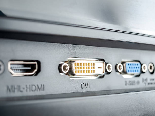 istock Connectors, interfaces for connecting the display to a computer, laptop, hdmi, dvi, vga, selective focus 1359031094
