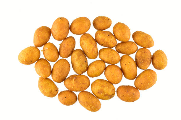 Top View of Spicy Coated Peanuts Isolated on White Background with clipping path