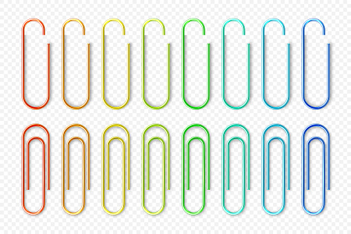 Realistic colorful metal paper clips on checkered background. Page holder, binder. Vector illustration