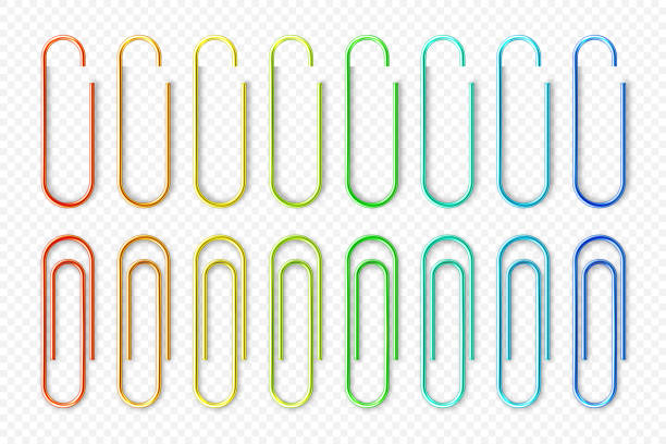 Realistic colorful metal paper clips on checkered background. Page holder, binder. Vector illustration Realistic colorful metal paper clips on checkered background. Page holder, binder. Vector illustration clip stock illustrations