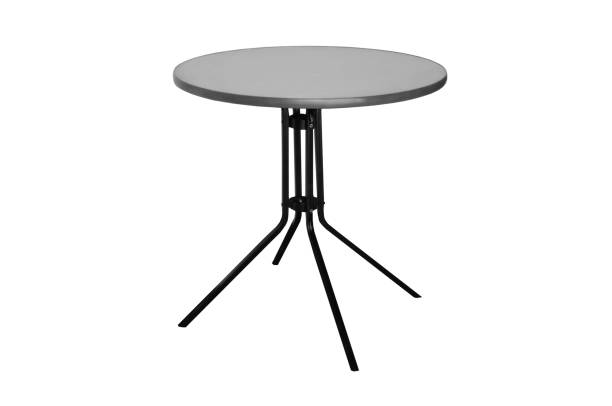 istock Black metal table with gray table top on white isolated background 1359034205