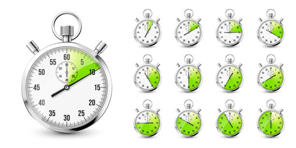 istock Realistic classic stopwatch icons. Shiny metal chronometer, time counter with dial. Green countdown timer showing minutes and seconds. Time measurement for sport, start and finish. Vector illustration 1359034214