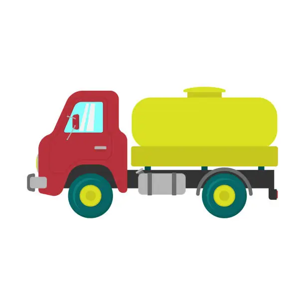 Vector illustration of Cute cartoon tank truck. Milk tanker. Gasoline tanker. Side view. Colored silhouette. Vector flat simple graphic illustration. The isolated object on a white background. Isolate.