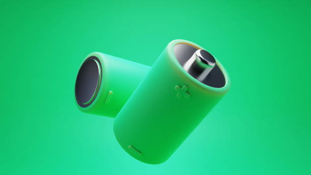 3D Render Green Two Lithium Batteries abstract concept stock photo