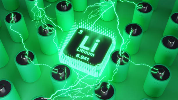 3D Render Green Lithium Batteries glow lightning abstract concept stock photo