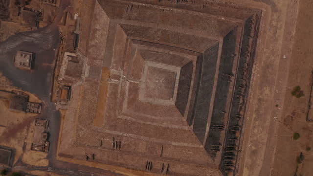 Overhead view of the top of Temple of Moon in Teotihuacan complex based in Mexico Valley. High angle view of ancient mesoamerican pyramid temple located in Mexico. Travel destination