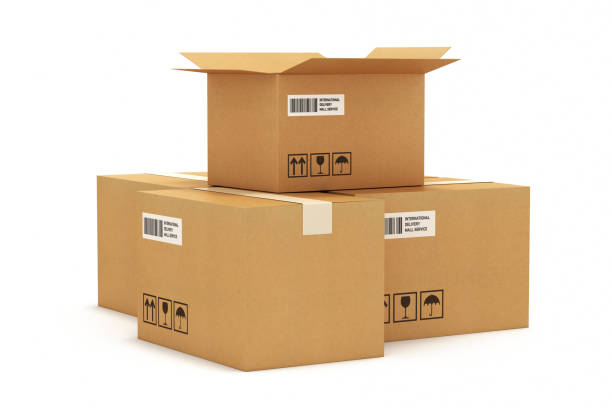 Cardboard boxes package delivery carton stock photo isolated on white background stock photo 3d Render collection of various carton boxes of isolated on white background (Clipping Path) Turkey - Middle East carton stock pictures, royalty-free photos & images