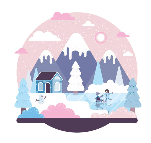 소년과 소녀는 작은 집 옆에 얼어 붙은 호수에서 스케이트. 플랫 스타일 벡터 만화 일러스트레이션 - playground snow winter little girls stock illustrations