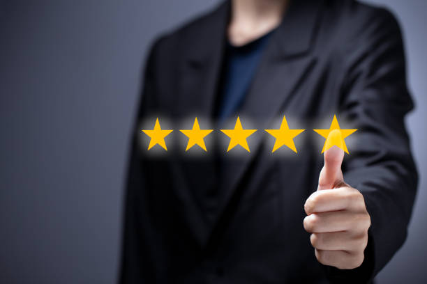 istock Woman hand with thumb up to five-star on modern virtual screen, showing satisfaction excellence customer, Customer satisfaction concept. 1359052119
