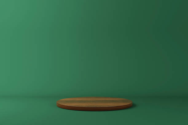 istock Abstract minimal scene with wooden podium and backdrop in studio lighting green background. Product presentation showcase, Mock up stage, Cosmetic product display, Podium, stage pedestal. 3d rendering 1359062690