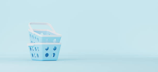 istock Light blue empty shopping basket with copy space. Minimal design. 3d illustration 1359062697
