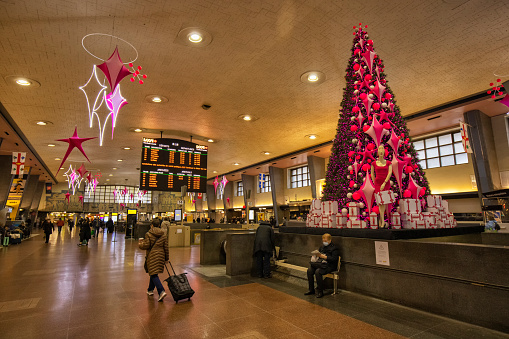 Montreal, Canada - November 22, 2021: Inside of VIA Rail Montreal Central Station with Christmas decoration.