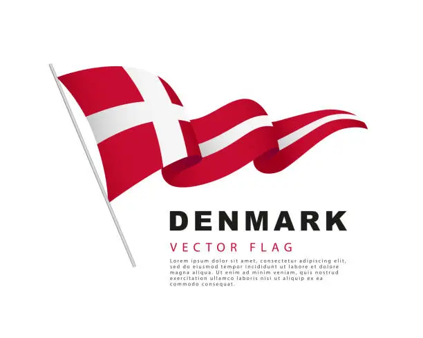 Vector illustration of The flag of Denmark hangs from a flagpole and flutters in the wind. Vector illustration isolated on white background.