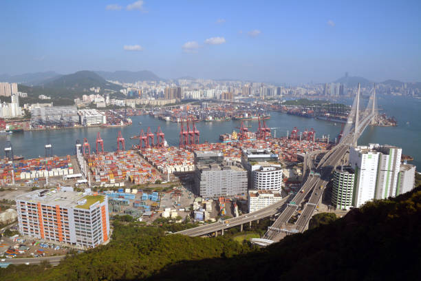 istock Hong Kong port and Stonecutters bridge panoramic view 1359065700