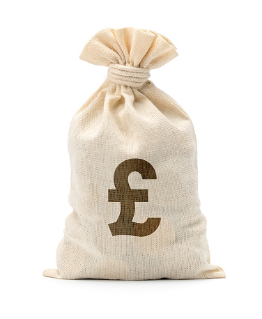 Money bag and British pound symbol. isolated on white background.