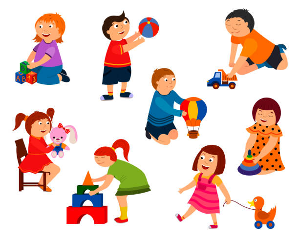 a set of vector illustrations, cartoon children playing with toys. isolated on a white background a set of vector illustrations, cartoon children playing with toys. isolated on a white background. ursus tractor stock illustrations