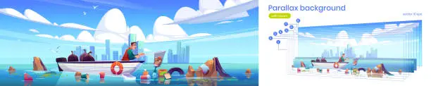 Vector illustration of Parallax background ocean polluted water cleanup