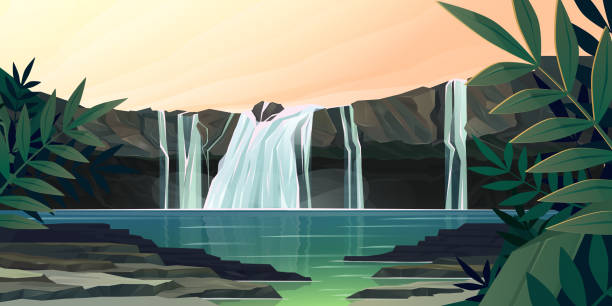 Waterfall cascade in jungle forest landscape scene vector art illustration