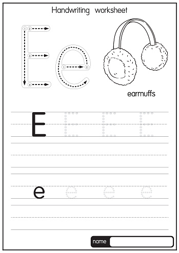Black and white vector illustration of Earmuffs with alphabet letter E Upper case or capital letter for children learning practice ABC