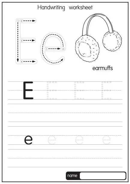 Vector illustration of Black and white vector illustration of Earmuffs with alphabet letter E Upper case or capital letter for children learning practice ABC