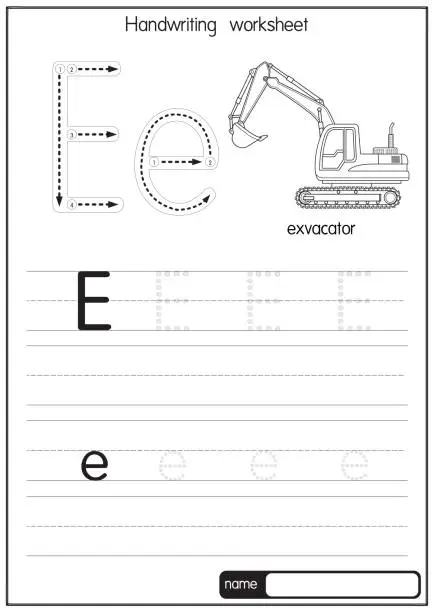 Vector illustration of Black and white vector illustration of Excavator with alphabet letter E Upper case or capital letter for children learning practice ABC