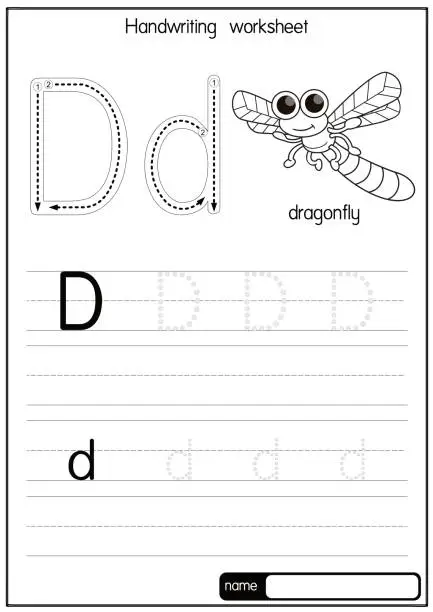 Vector illustration of Black and white vector illustration of Dragonfly with alphabet letter D Upper case or capital letter for children learning practice ABC