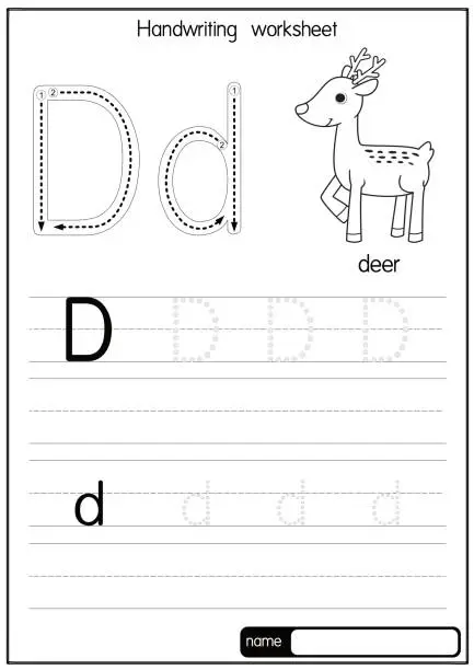 Vector illustration of Black and white vector illustration of Deer with alphabet letter D Upper case or capital letter for children learning practice ABC